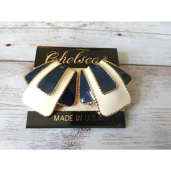 Retro Revival Navy and Ivory Enamel 1980s Pierced Earrings - Picture 1 of 5